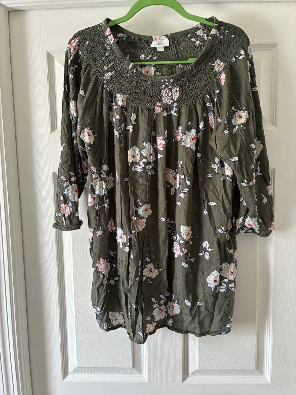 Olive Floral Peasant Top with Smocked Yoke - Women's large